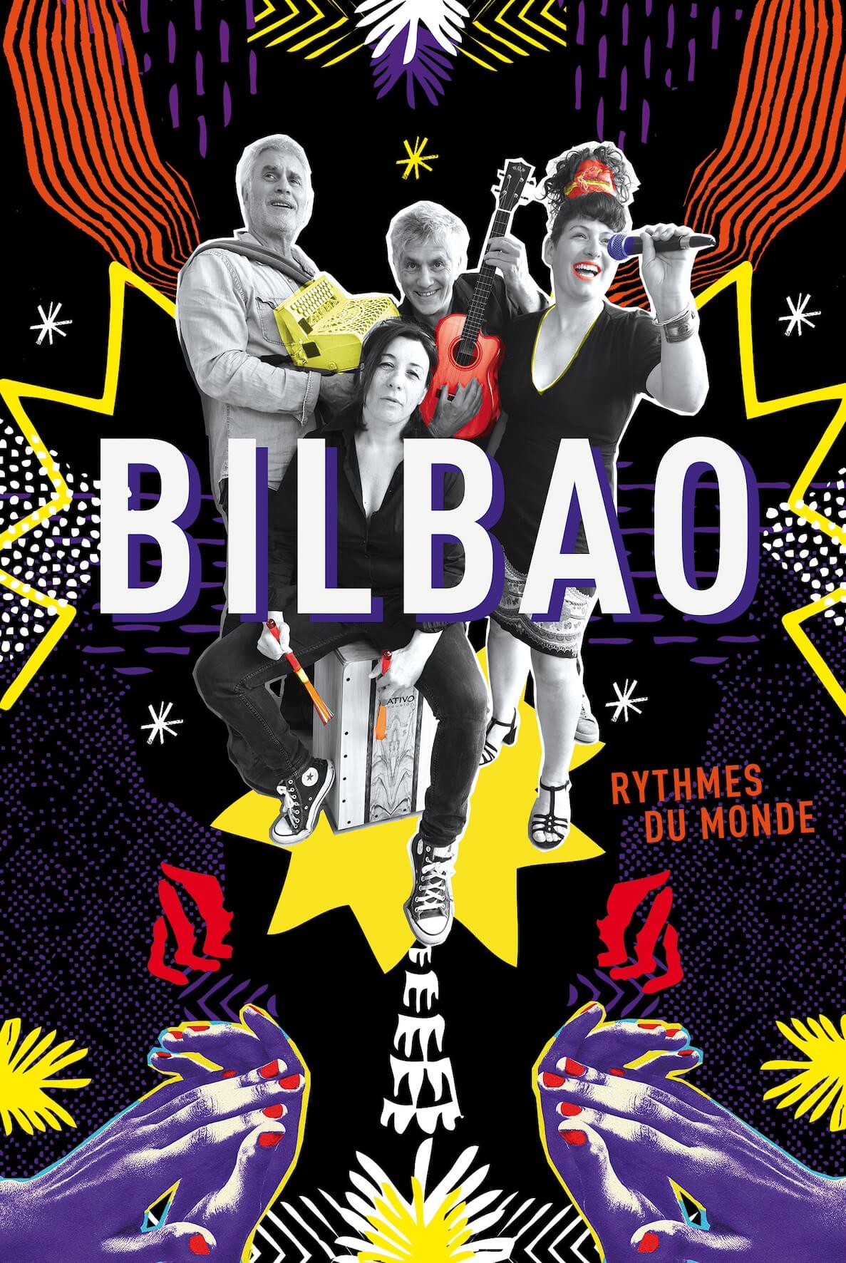 Affiche d'un groupe de musique avec des couleur : jaune orange et violet